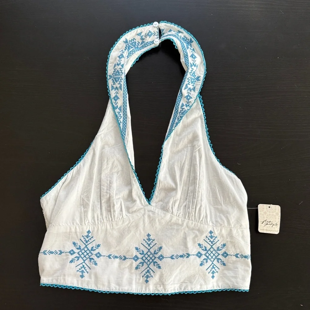 Free People Hello Lover Embroidery Halter White & Blue Cotton Top Size L -‎ NEW